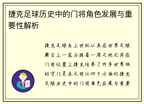 捷克足球历史中的门将角色发展与重要性解析 捷克足球历史中的门将角色发展与重要性解析