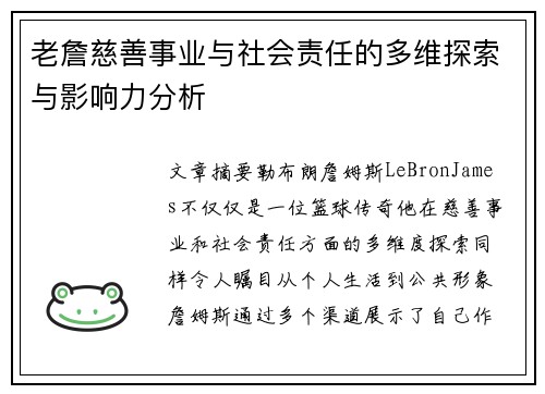 老詹慈善事业与社会责任的多维探索与影响力分析